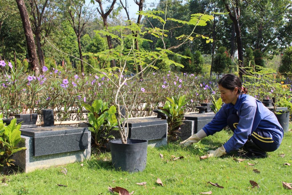 Nhân viên chăm sóc mộ phần tại Hoa viên Nghĩa trang Bình Dương