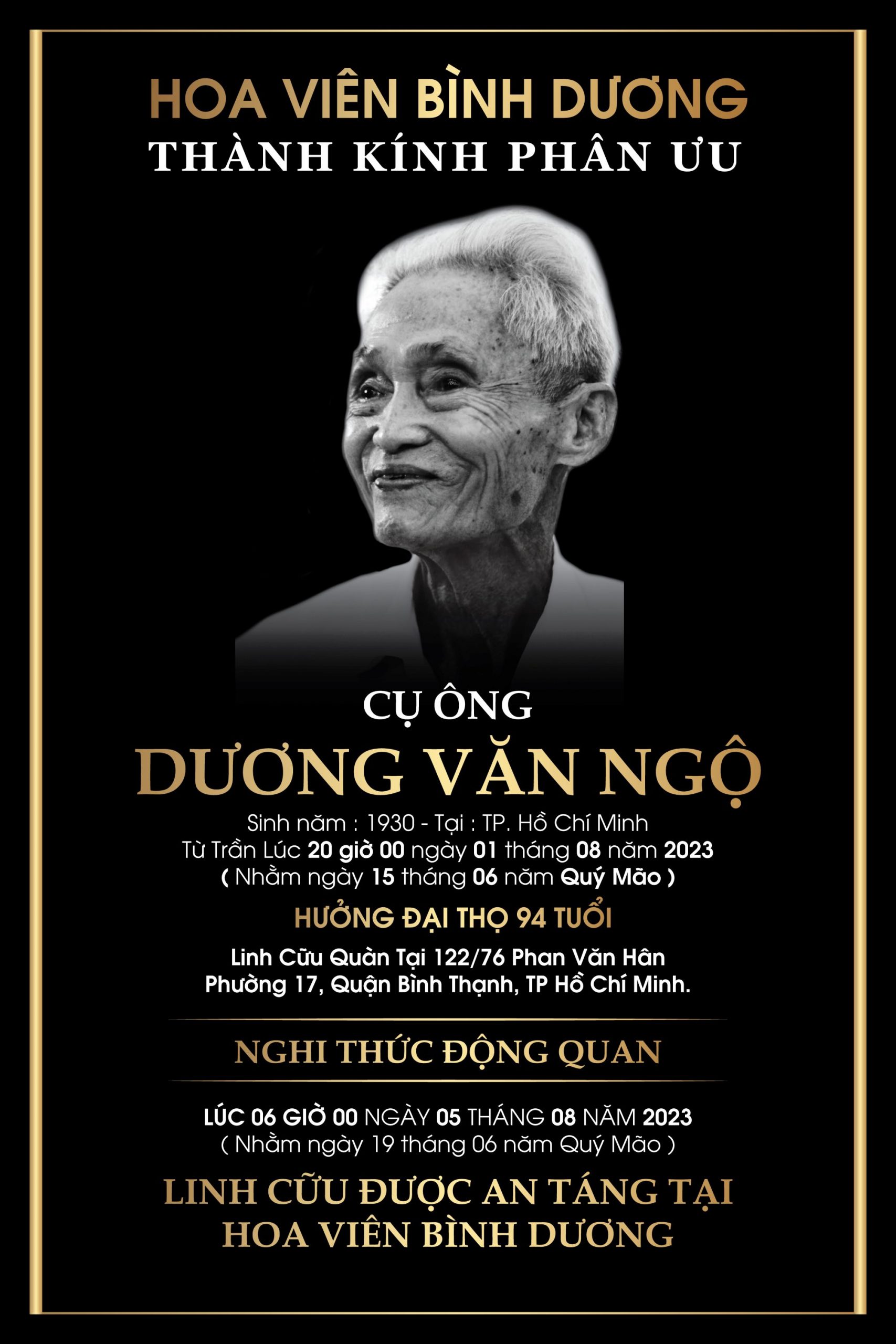 Hoa Viên Bình Dương tặng phần mộ cho Cụ ông Dương Văn Ngộ - Người viết thư tay xuyên hai thế kỷ ở Bưu điện TP HCM trên đường Nghệ Sĩ
