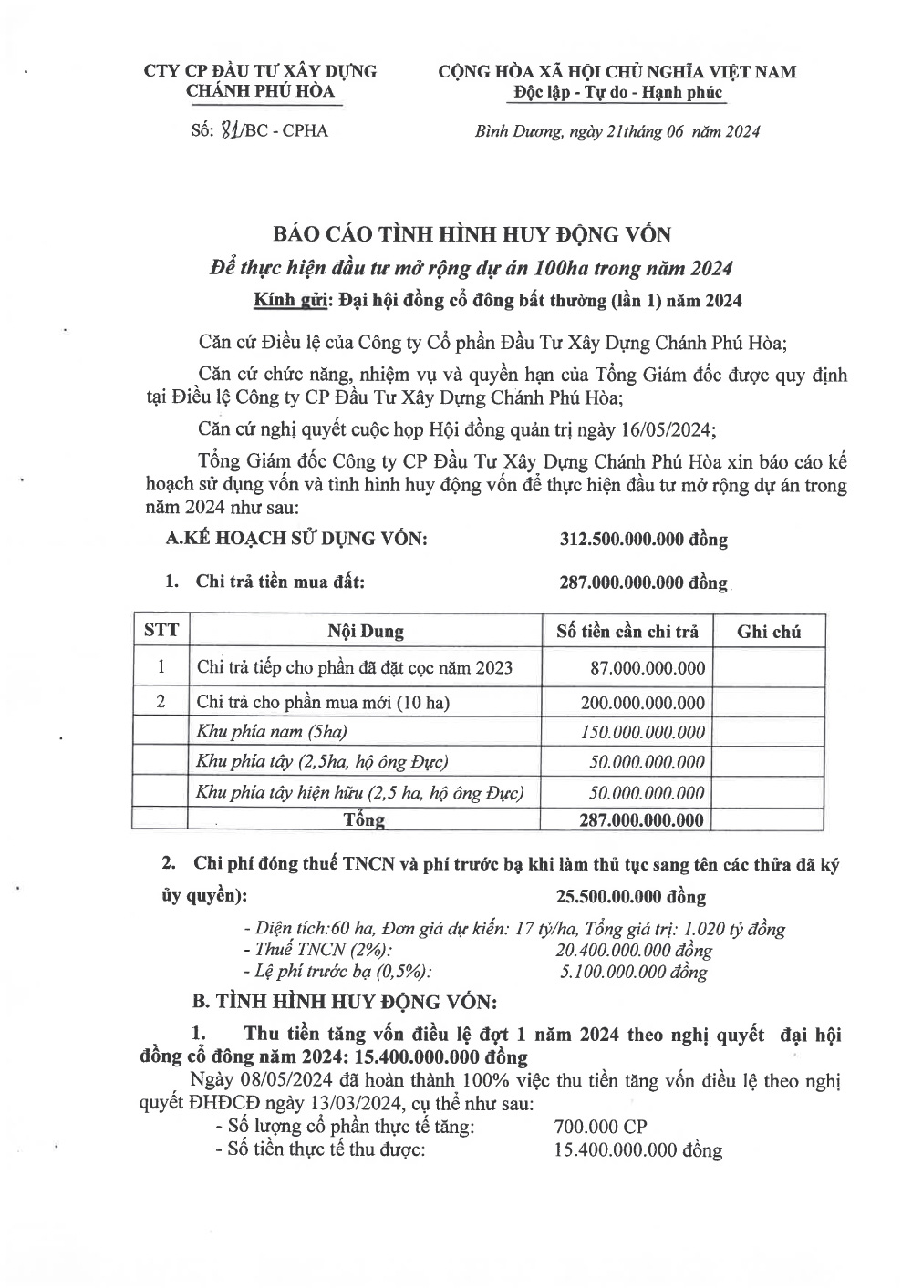 TÀI LIỆU ĐẠI HỘI CỔ ĐỒNG BẤT THƯỜNG (LẦN 1 NĂM 2024)